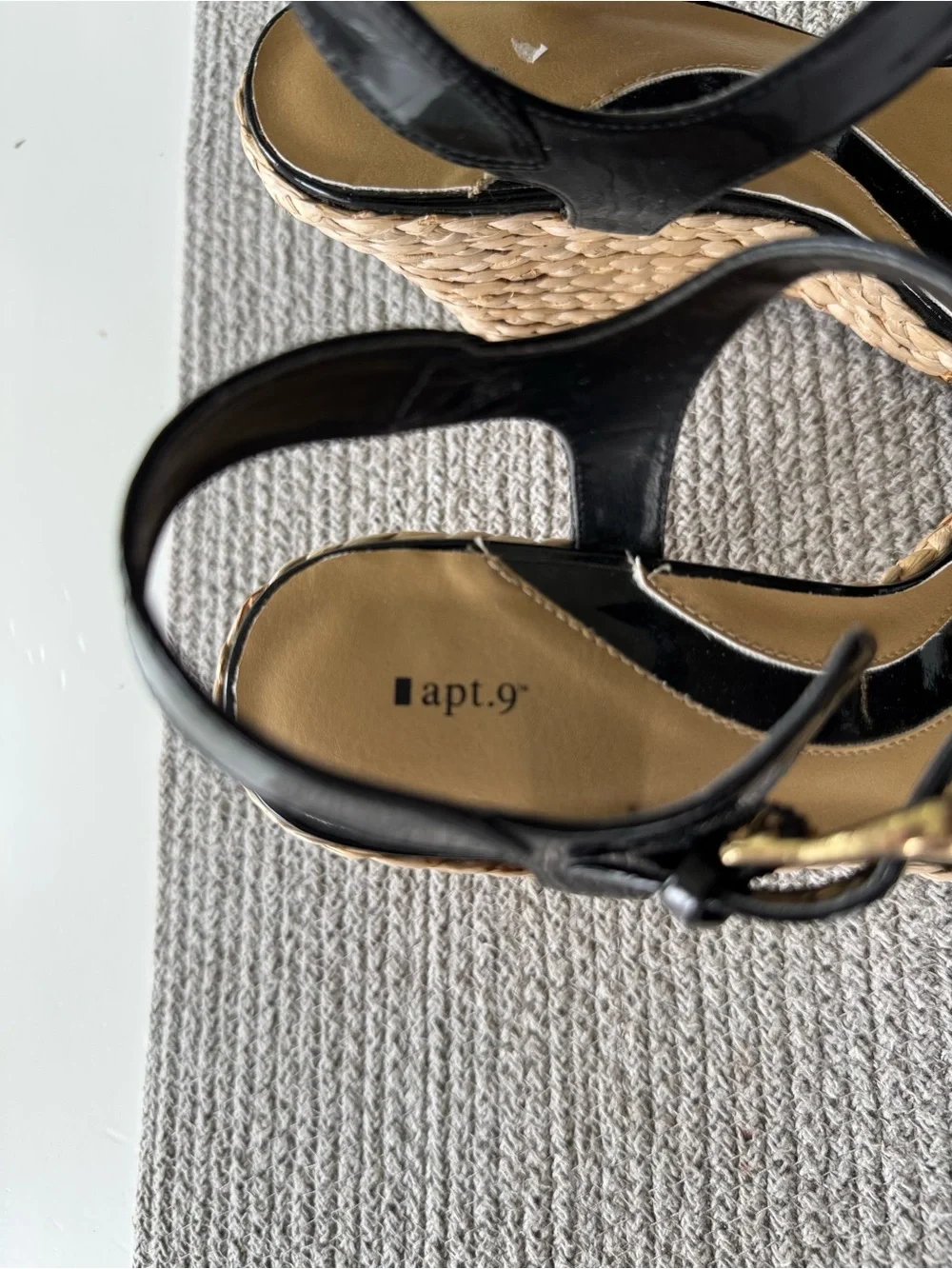 Apt. 9 Black Patent Ankle Strap Wedge Sandals with Oversized Gold Buckles Sz 9